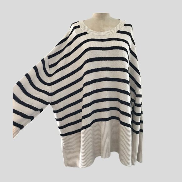 GAP Ivory Black Striped Cotton Knit Long Sleeve Pullover Sweater NEW - XXL - Picture 1 of 9